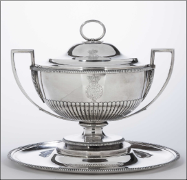 Engraved with the insignia of the Order of the Garter, the English silver tureen by Paul Storr finished at $30,000.
